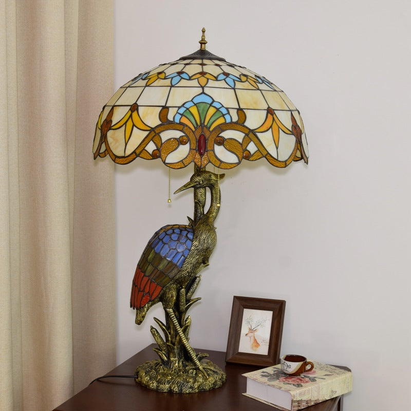 Female Crane Stained Glass 3-Light Table Lamp
