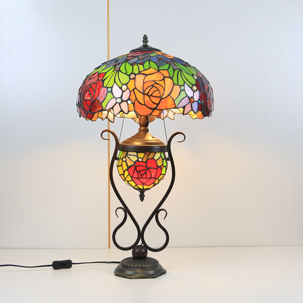 Floral Stained Glass Round 3-Light Table Lamp