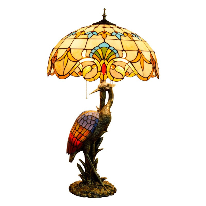 Female Crane Stained Glass 3-Light Table Lamp