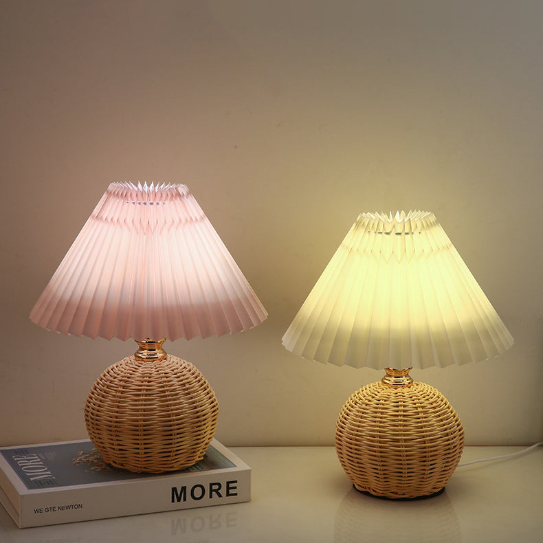 Rattan Fabric Pleated Conic Table Lamp