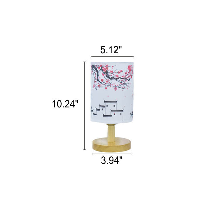 Fabric Column Landscape Wood Table Lamp