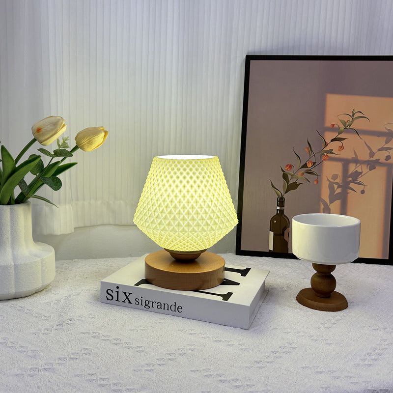 Wood Glass Tapered Ribbed Table Lamp
