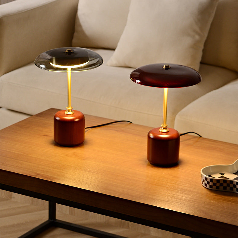 Brass Wood Glass Round Table Lamp