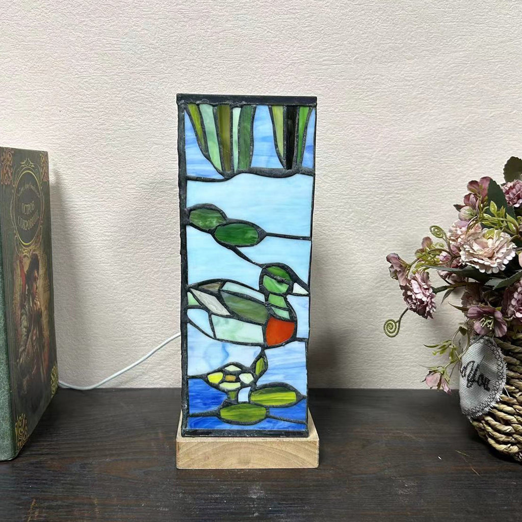 Rectangular Bamboo Wood Glass Table Lamp