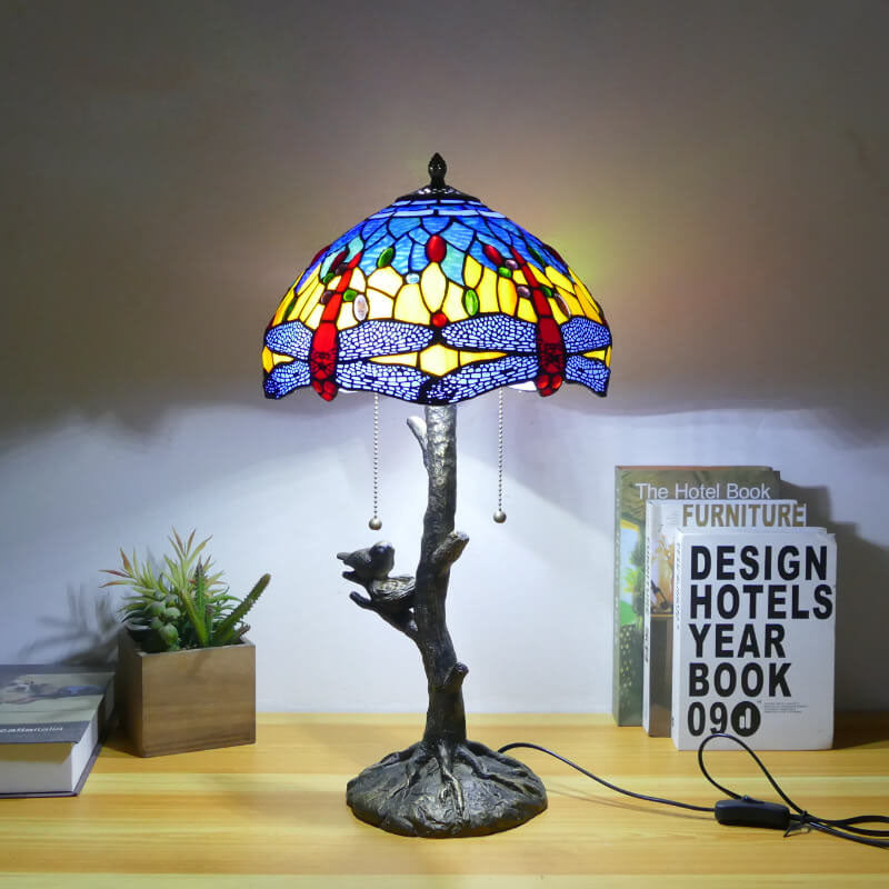 Dragonfly Flower Stained Glass 2-Light Table Lamp