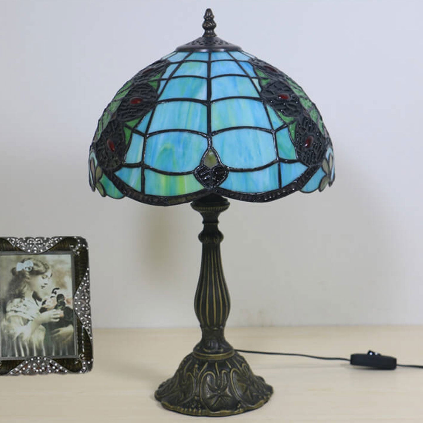 Green Peacock Stained Glass Table Lamp