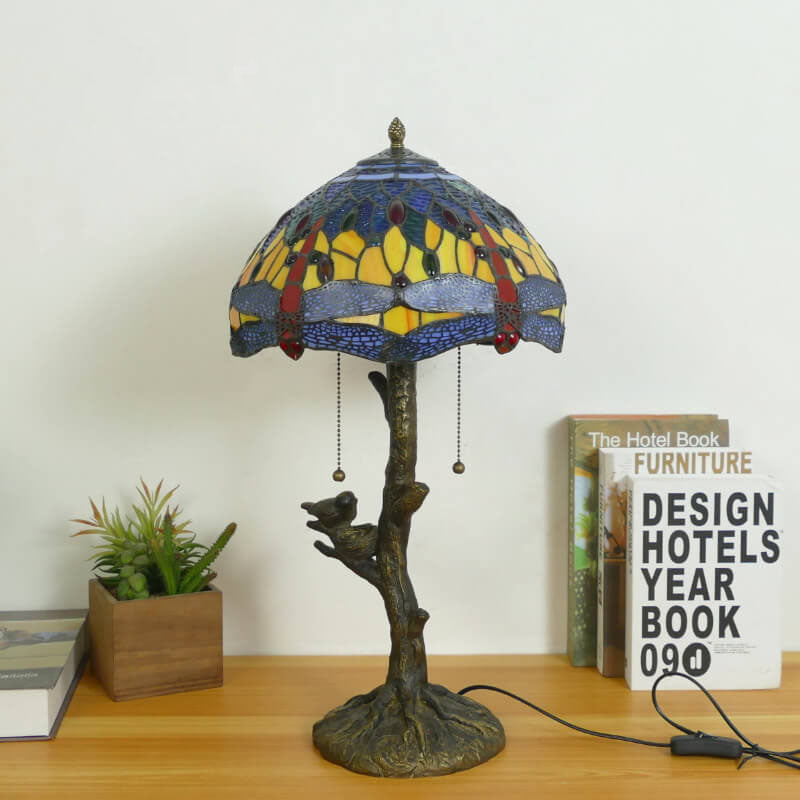Dragonfly Flower Stained Glass 2-Light Table Lamp