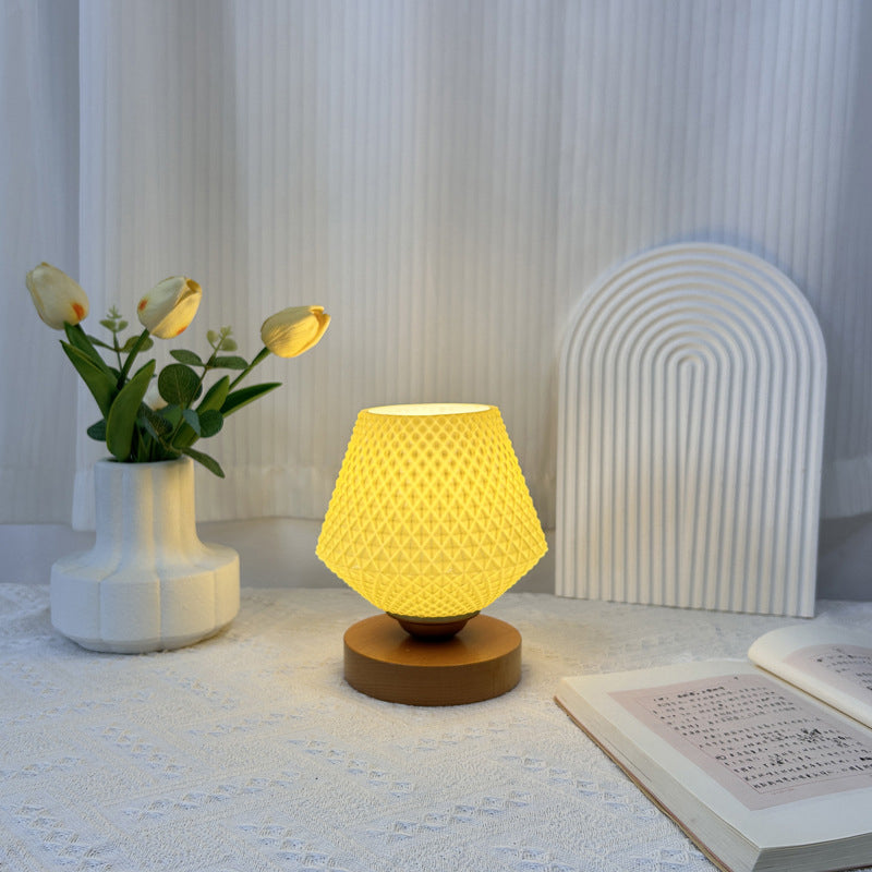 Wood Glass Tapered Ribbed Table Lamp