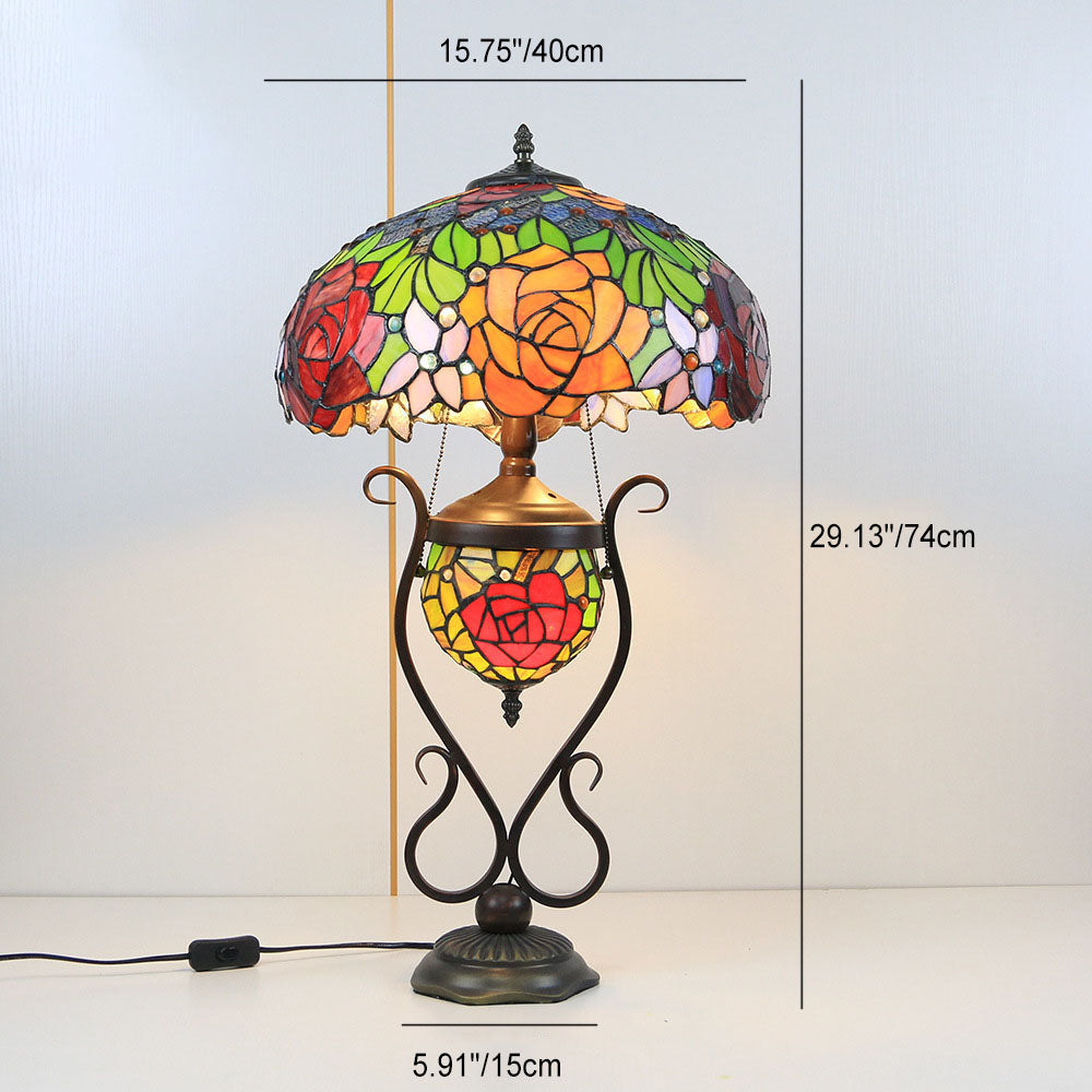Floral Stained Glass Round 3-Light Table Lamp
