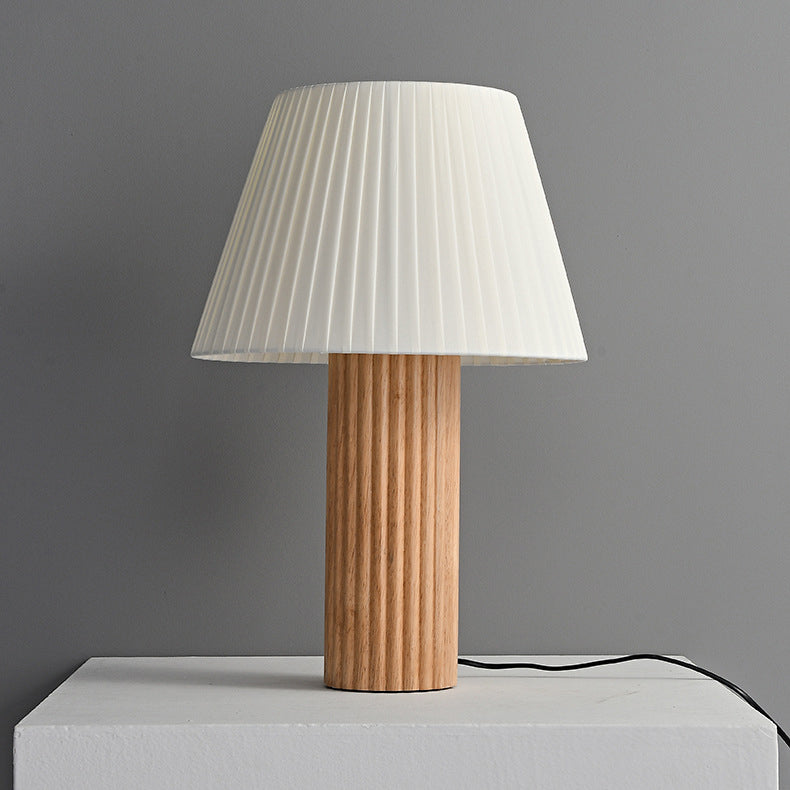 Cylinder Pleated Wood Fabric Table Lamp