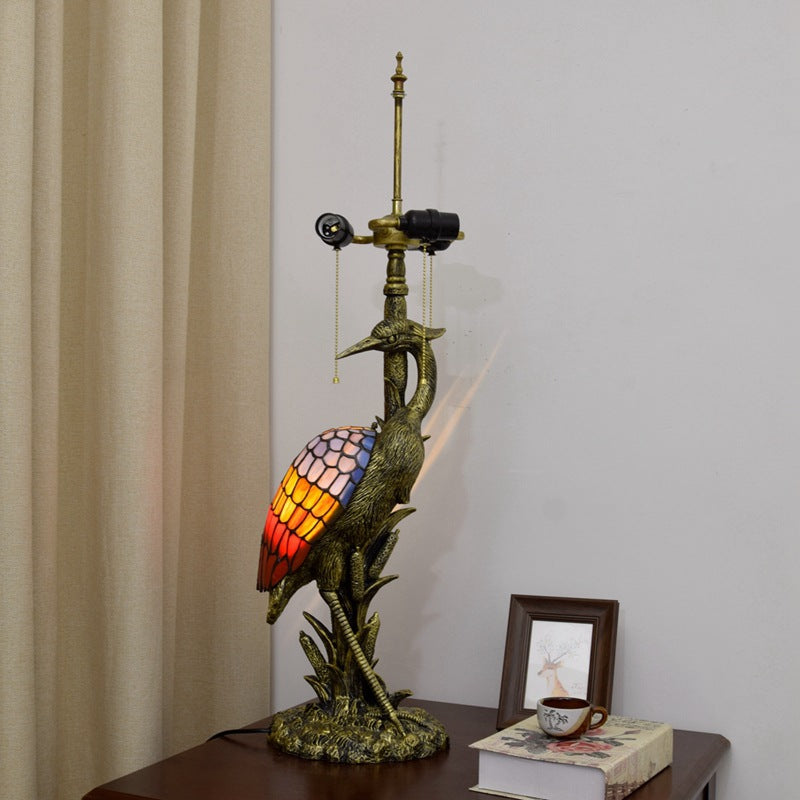 Female Crane Stained Glass 3-Light Table Lamp