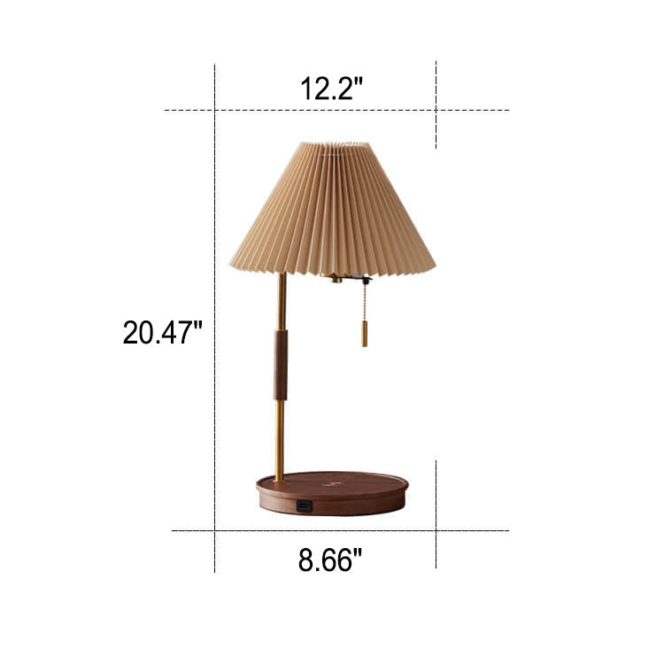 Pleated Walnut Wood Round Table Lamp