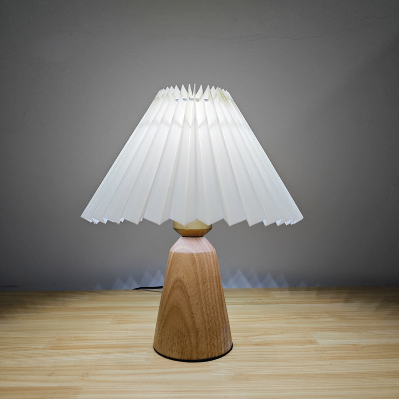 Trapezoidal Pleated Fabric Wood Table Lamp