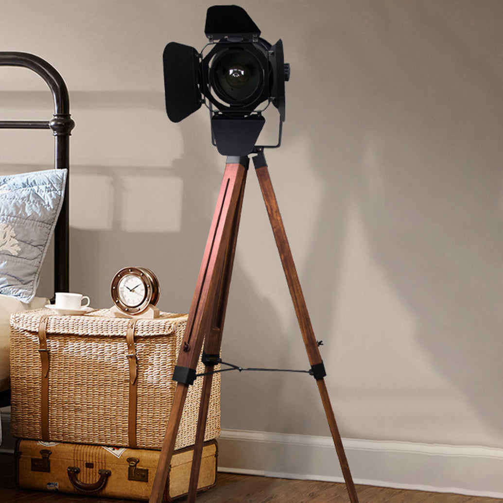 Tripod Camera Wooden Iron Floor Lamp
