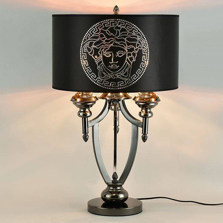 Fabric Iron Marble Cylinder 3-Light Table Lamp