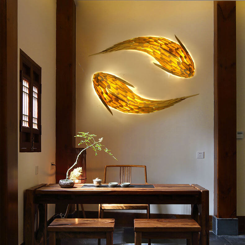 Decorative Carp Linden Wood 2-Light Wall Lamp