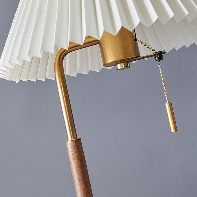 Pleated Walnut Wood Round Table Lamp