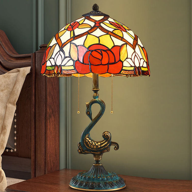 Stained Glass Swan Copper 2-Light Table Lamp