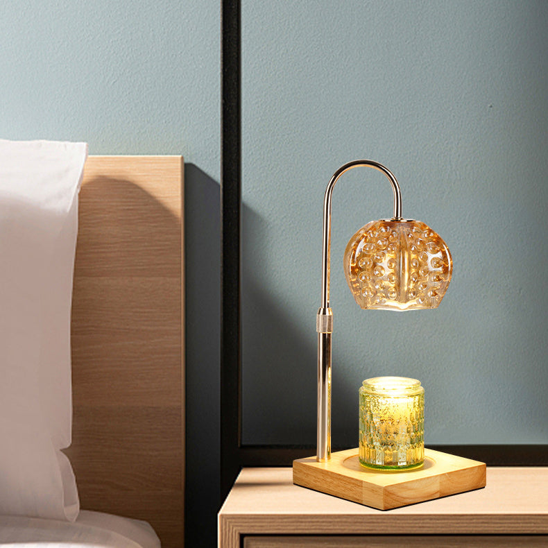 Wood Iron Glass Round Table Lamp
