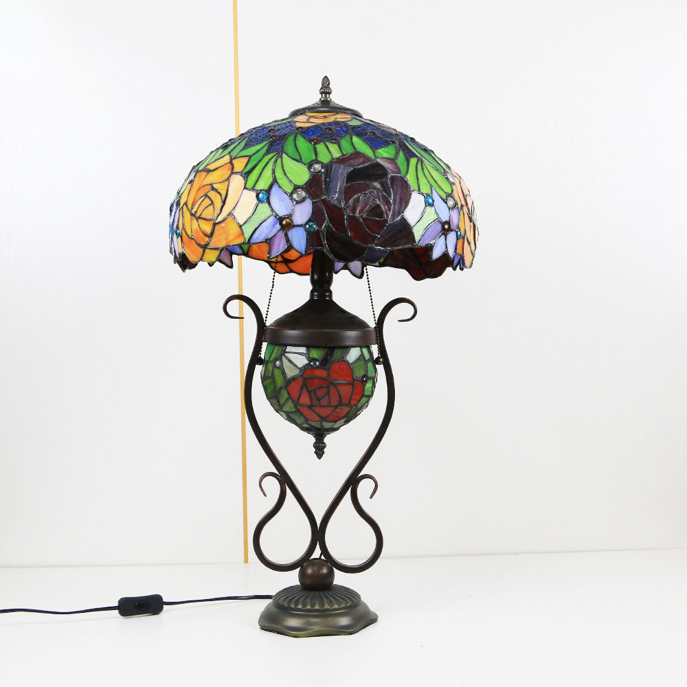 Floral Stained Glass Round 3-Light Table Lamp