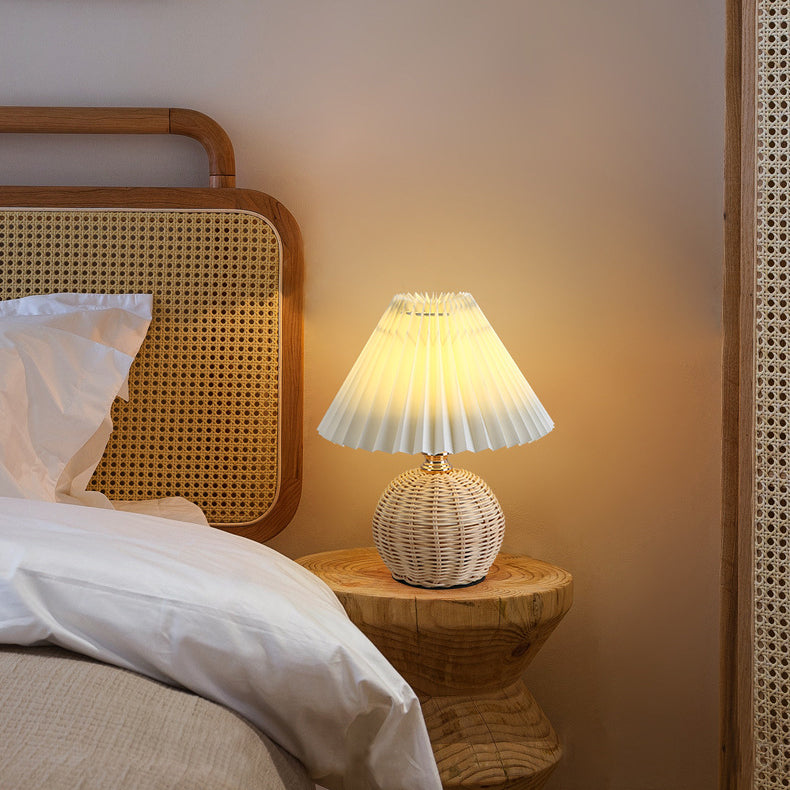 Rattan Fabric Pleated Conic Table Lamp