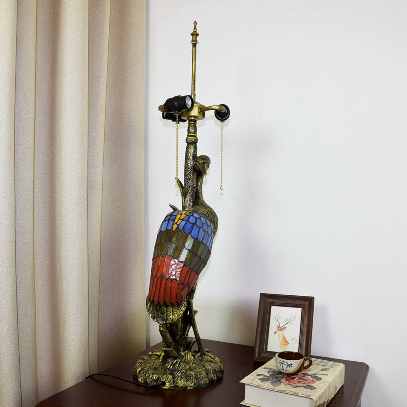 Female Crane Stained Glass 3-Light Table Lamp