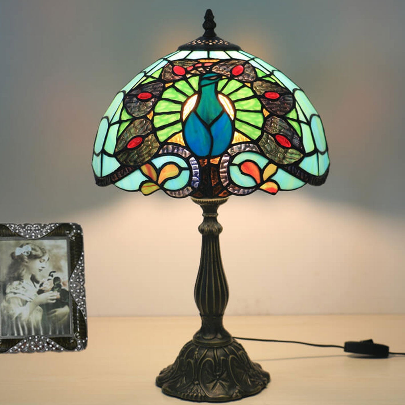 Green Peacock Stained Glass Table Lamp