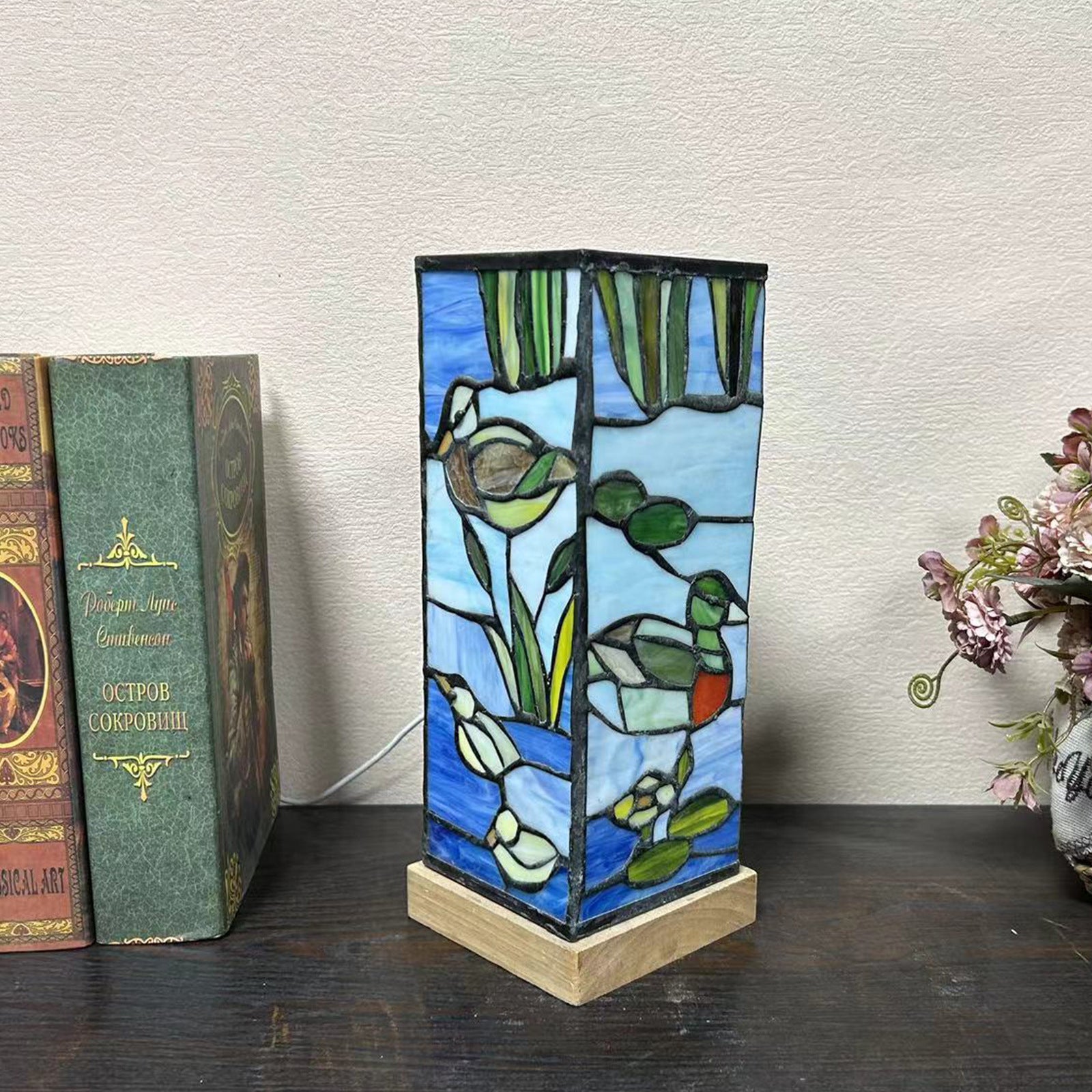 Rectangular Bamboo Wood Glass Table Lamp