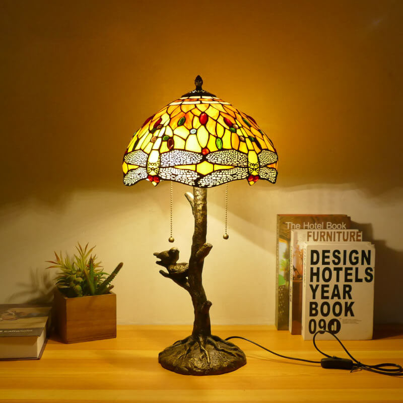 Dragonfly Flower Stained Glass 2-Light Table Lamp