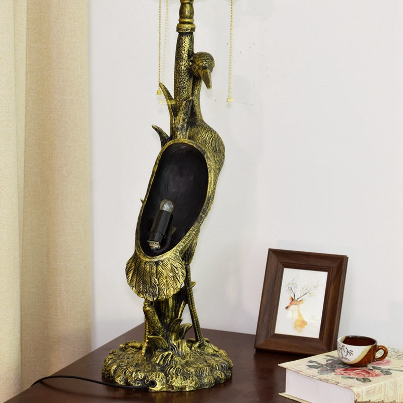 Female Crane Stained Glass 3-Light Table Lamp