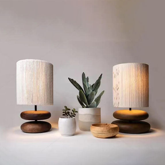 Walnut Fabric Lampshade Cylinder Table Lamp
