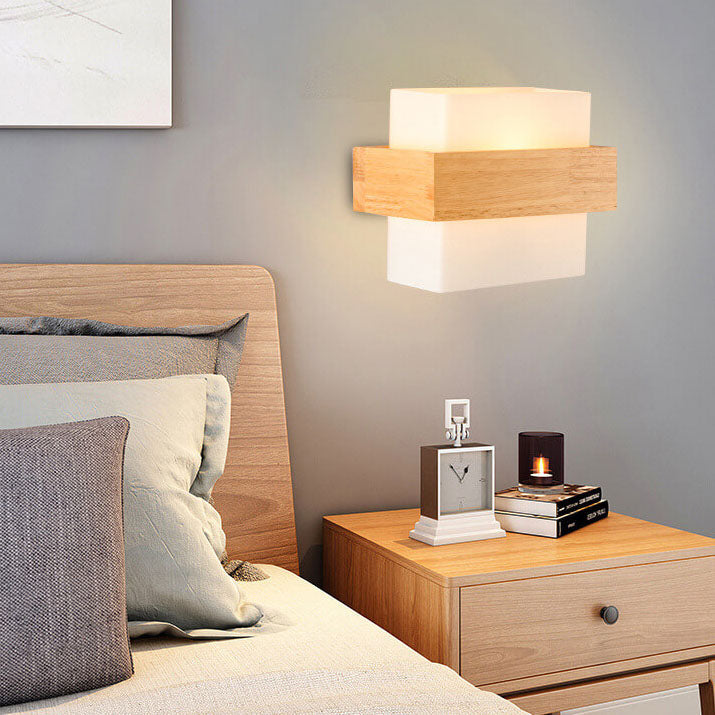 Wooden Glass Square Wall Lamp