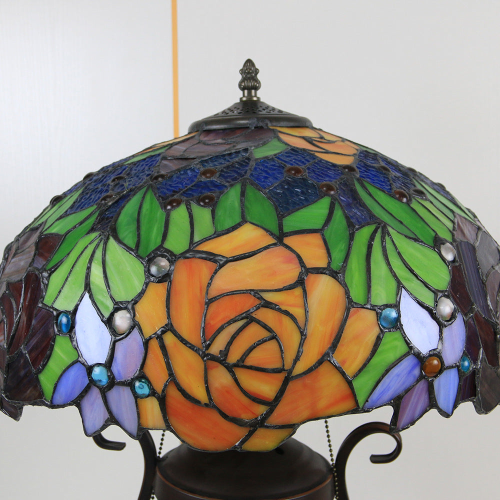 Floral Stained Glass Round 3-Light Table Lamp
