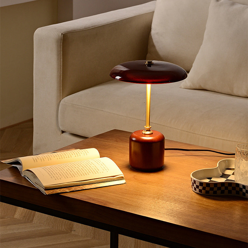 Brass Wood Glass Round Table Lamp