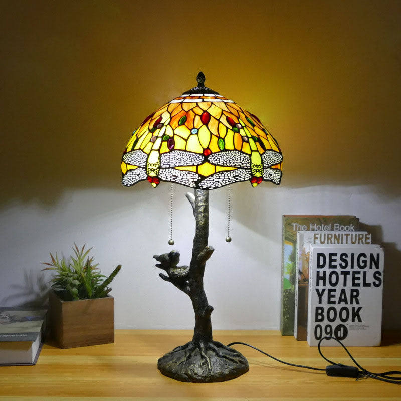 Dragonfly Flower Stained Glass 2-Light Table Lamp