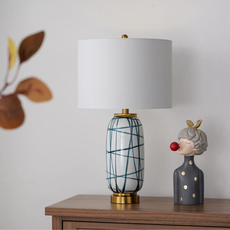 Green Striped Ceramic Drum Table Lamp
