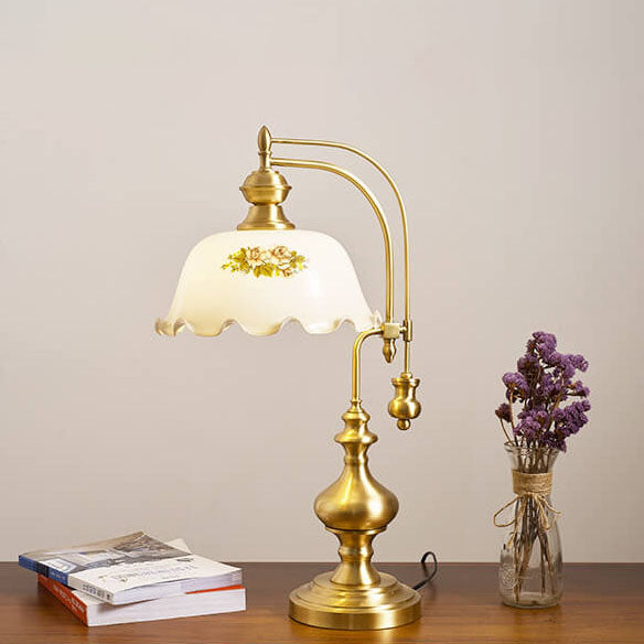 Camellia Printed Glass Copper Table Lamp