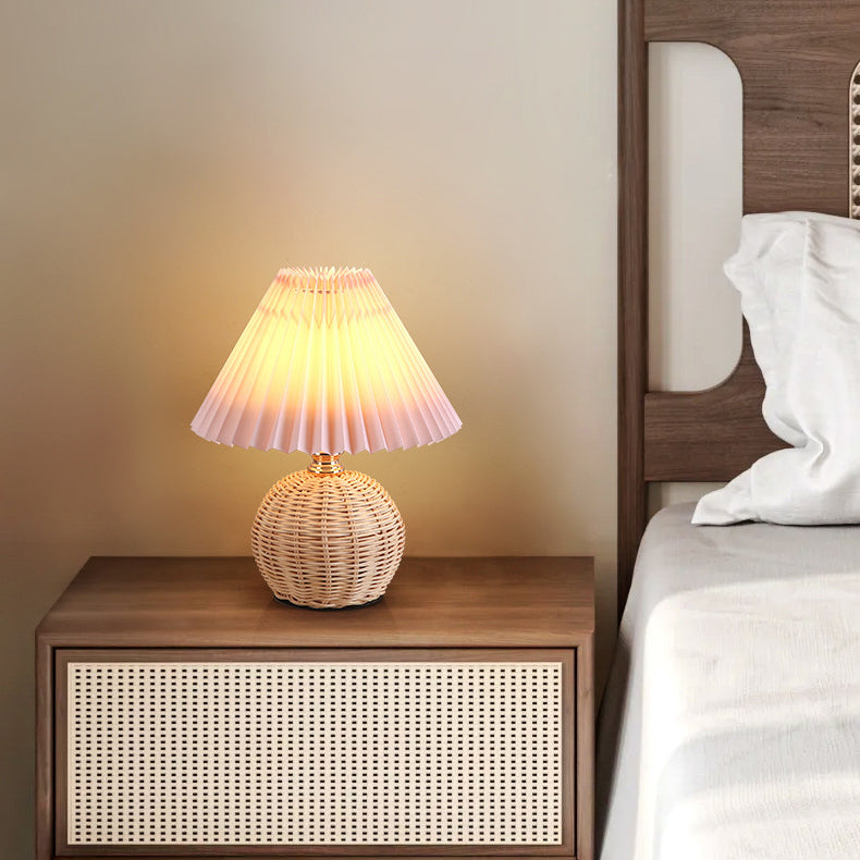 Rattan Fabric Pleated Conic Table Lamp