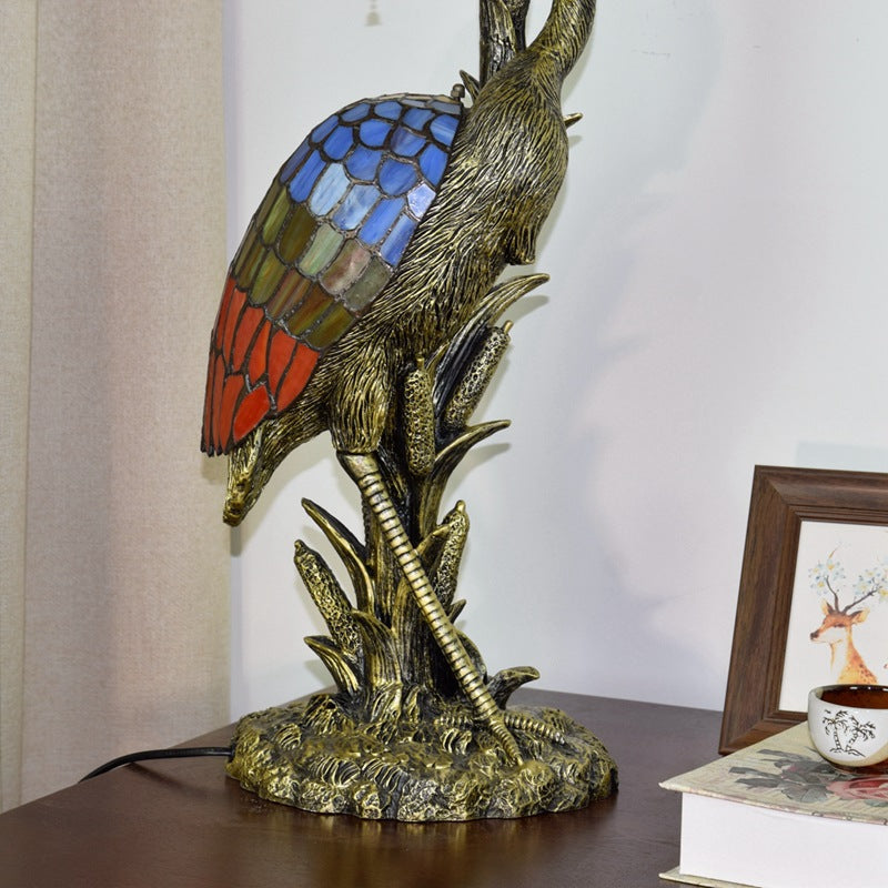 Female Crane Stained Glass 3-Light Table Lamp