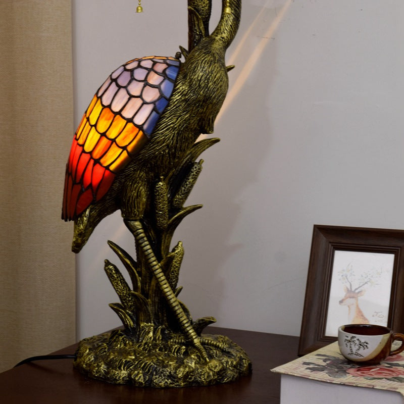 Female Crane Stained Glass 3-Light Table Lamp