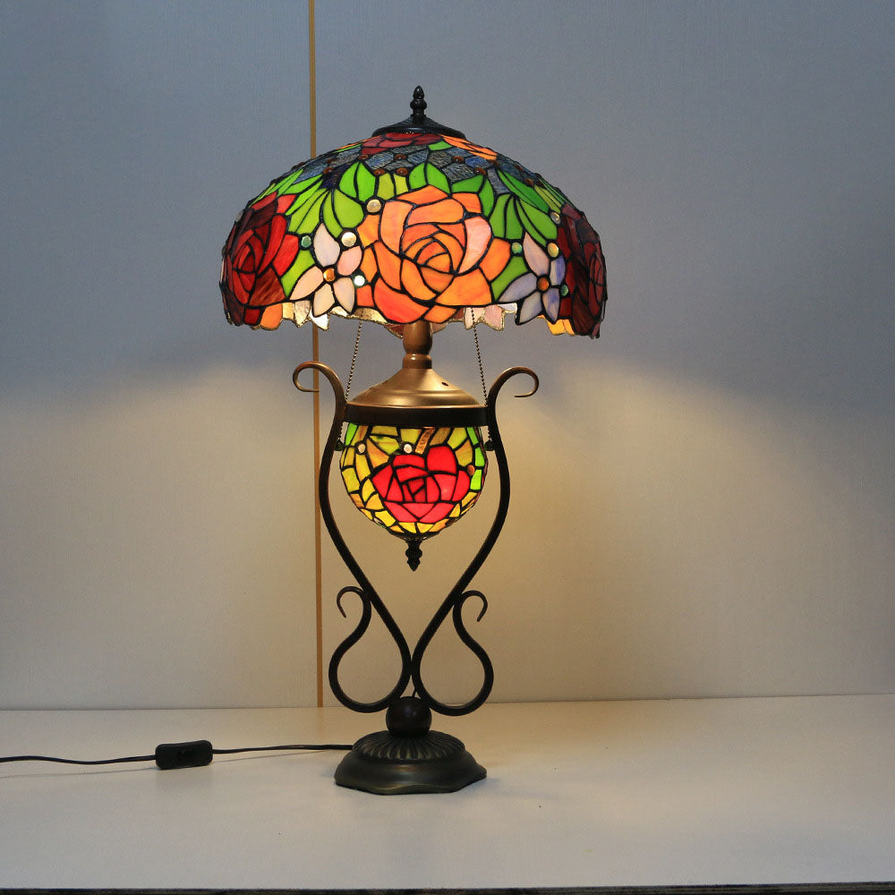 Floral Stained Glass Round 3-Light Table Lamp