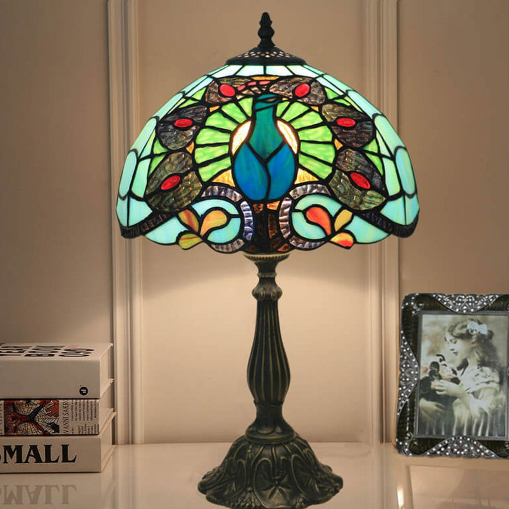 Green Peacock Stained Glass Table Lamp