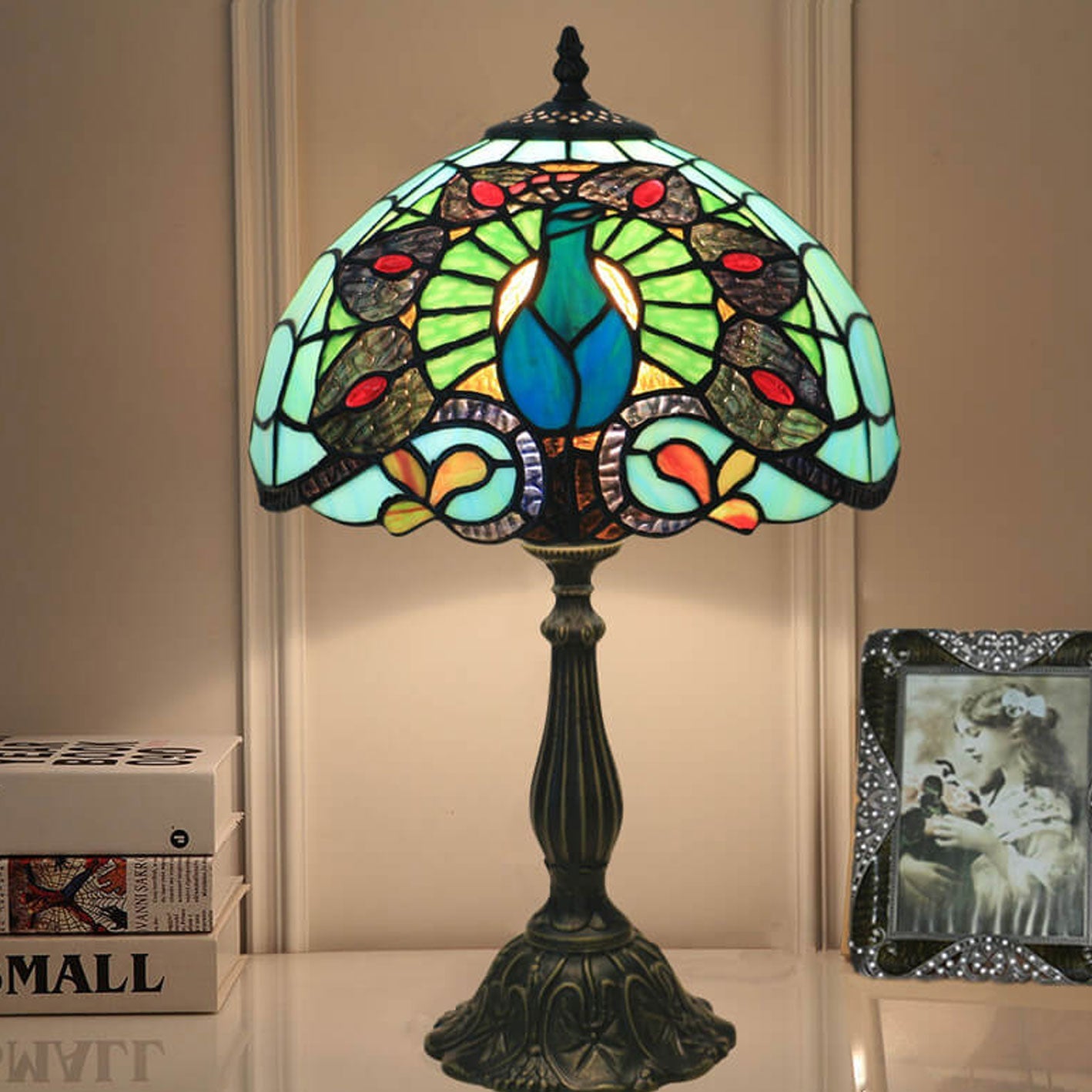 Green Peacock Stained Glass Table Lamp