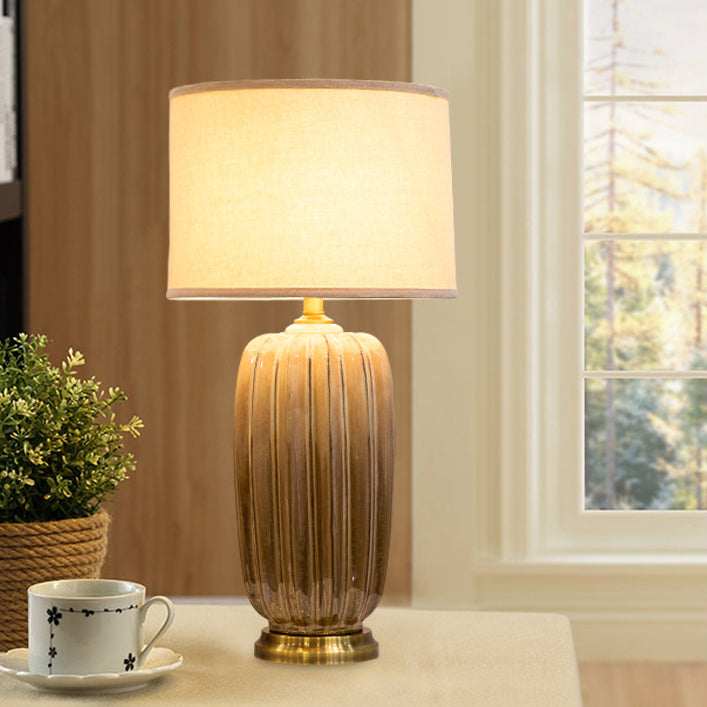 Fabric Ceramic Column Brass Table Lamp