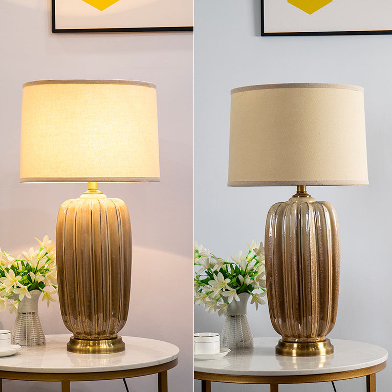Fabric Ceramic Column Brass Table Lamp