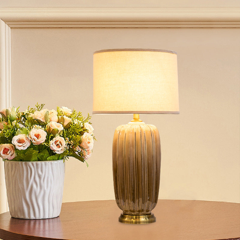 Fabric Ceramic Column Brass Table Lamp