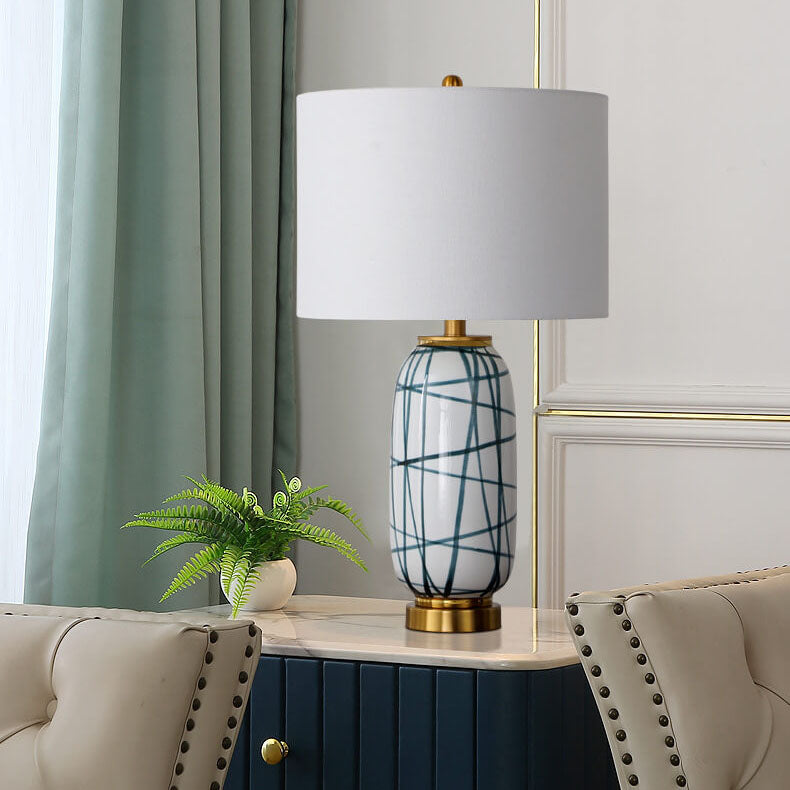 Green Striped Ceramic Drum Table Lamp