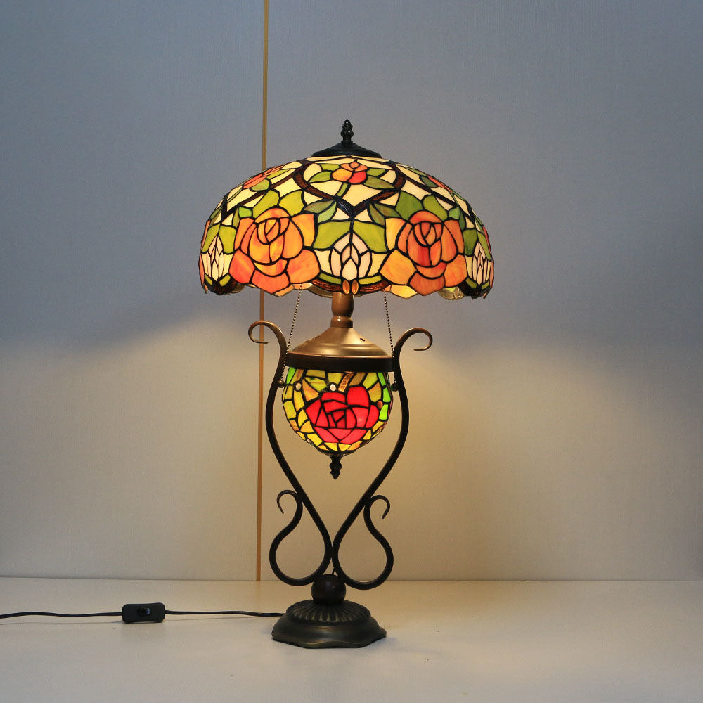 Floral Stained Glass Round 3-Light Table Lamp