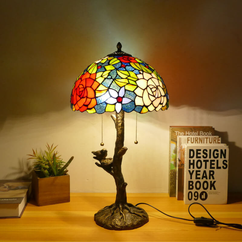 Dragonfly Flower Stained Glass 2-Light Table Lamp