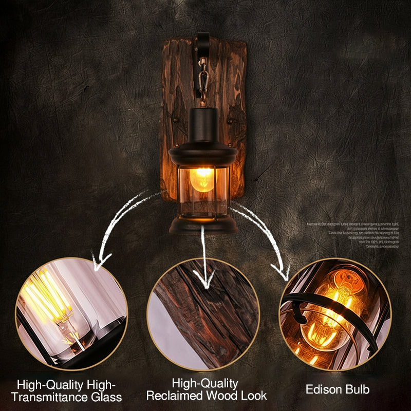 Cylinder Glass Iron Wooden Wall Lamp